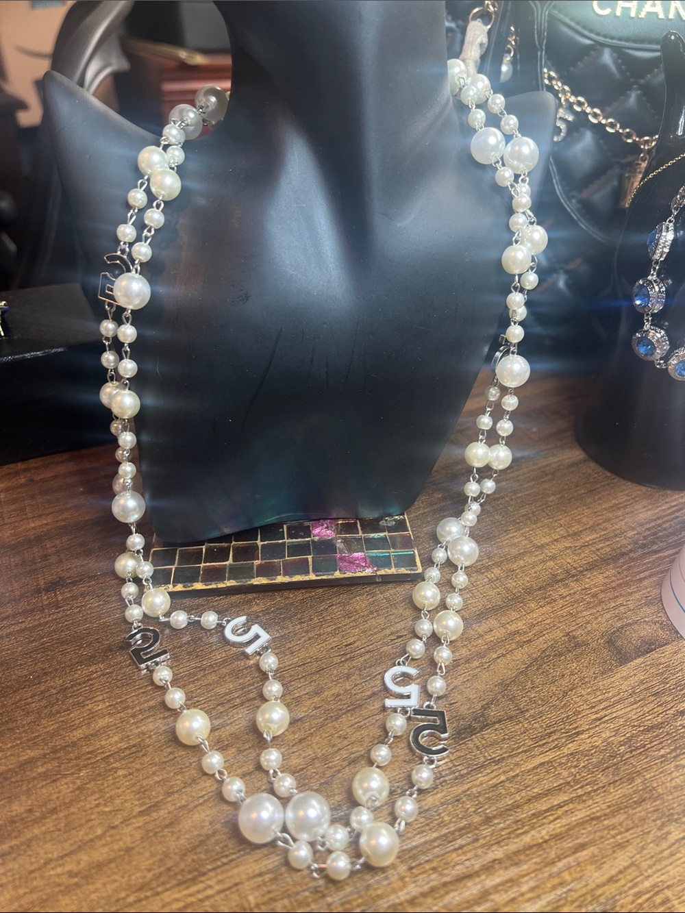Double-Strand Pearl Necklace with Silver Number Charms